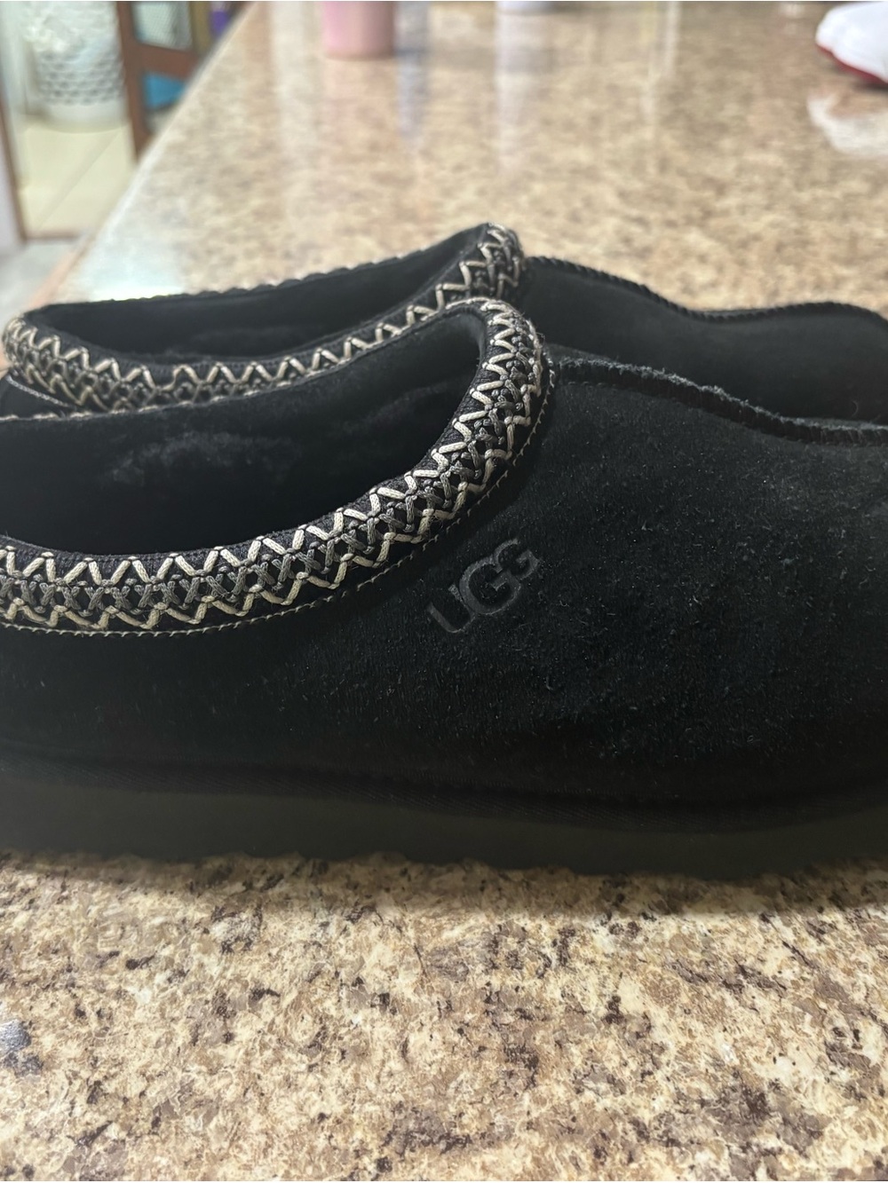 UGG Black Suede Slip-On Slippers with Braided Trim